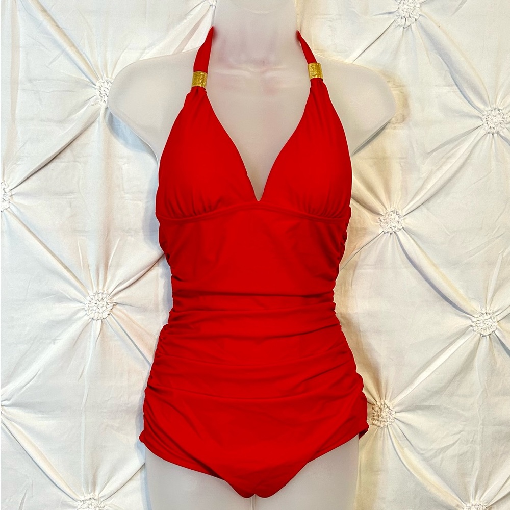 NWT Womens Red One Piece Halter Style Swimsuit- Medium